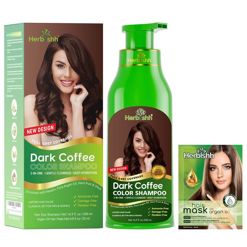 Herbishh Hair Color Shampoo for Gray Hair – Natural Hair Dye Shampoo – Colors Hair in Minutes – Lasts Up To 3-4 Weeks – 500ML – 3-In-1 Hair Color – Colors, Cleanses, and Conditions (Dark Coffee)