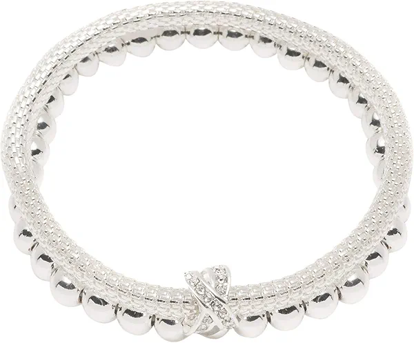 Nine West Women's 2 Row Stretch Bracelet Silver Tone Crystal Pave