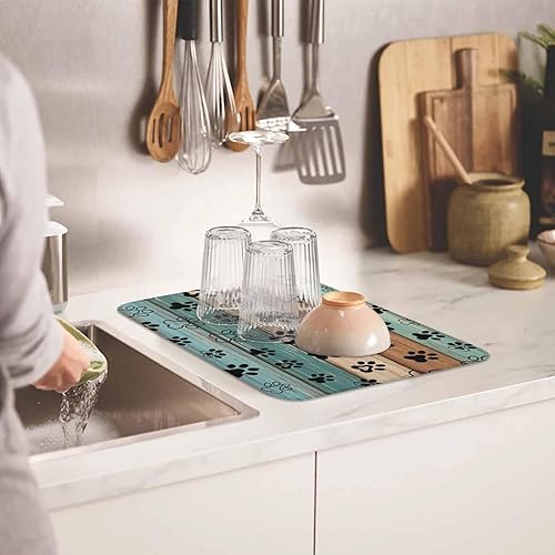 Miniatura 7 de Tapete de secado de platos con estampado de patas de perro para encimera de cocina, tapete de secado de platos de madera verde azulado, marrón