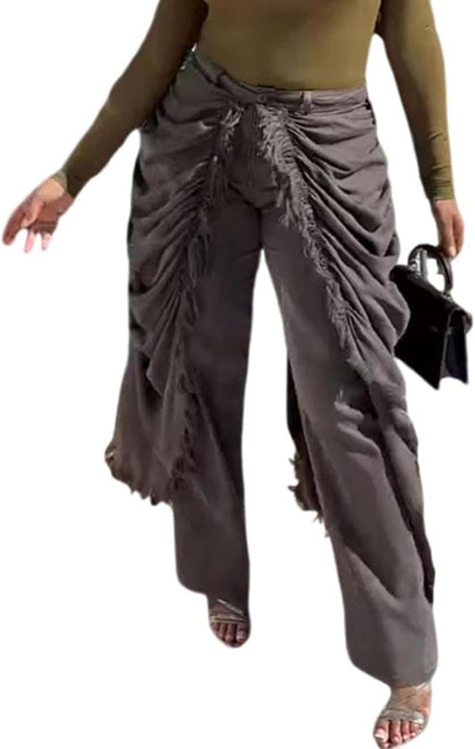 NRTHYE Women Pleated Distressed Jeans High Waisted Straight Leg Patchwork Denim Pants Casual Frayed Fringe Hem Trousers