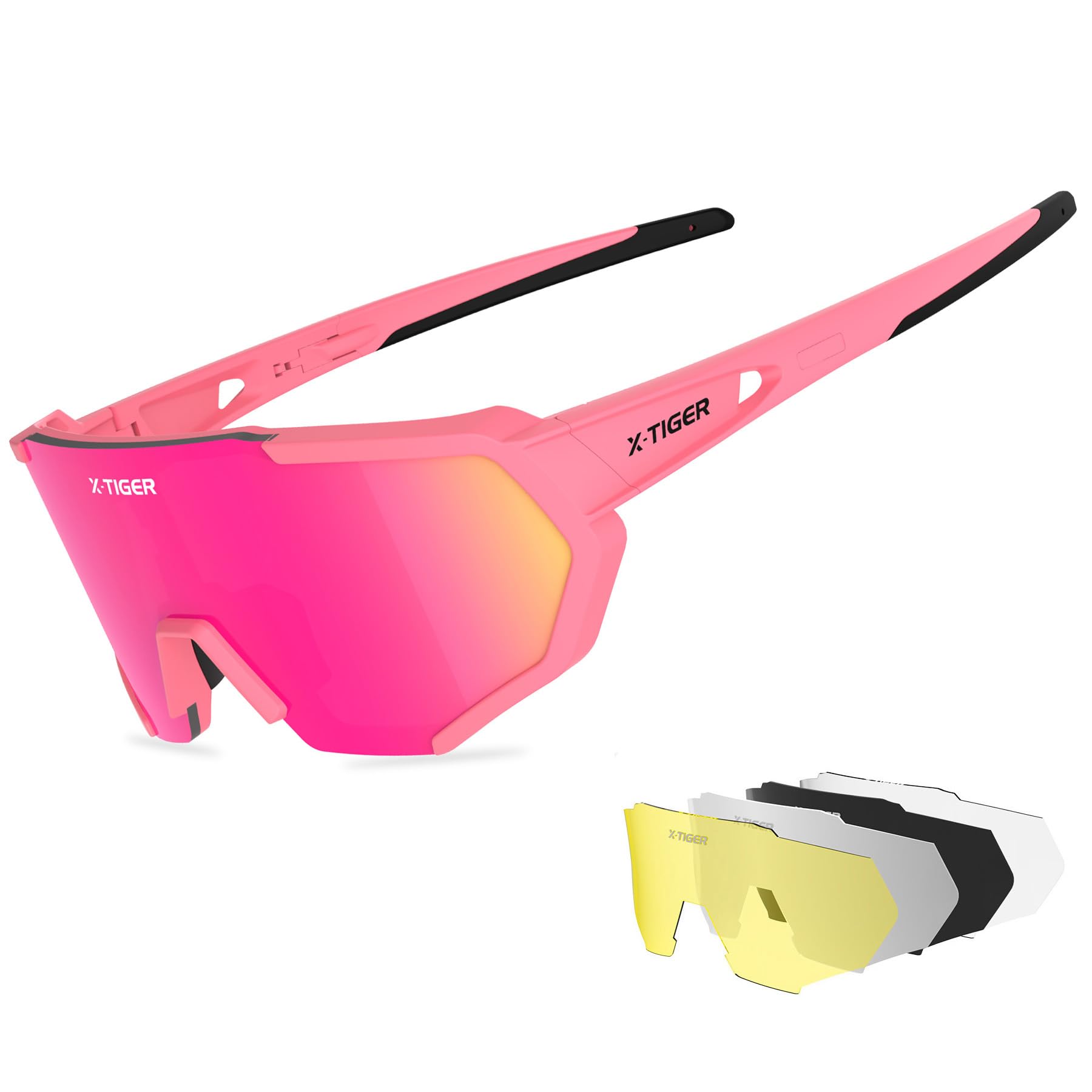 X-TIGER Fahrradbrille, Herren Damen Sportbrille, UV400 mit 5 Wechselgläser,Starker TR90 Frame, mit Montierbarem Brillenband & Ohrhaken, Outdoor-Sport/Radfahren/Laufen/Autofahren/Angeln/Golf