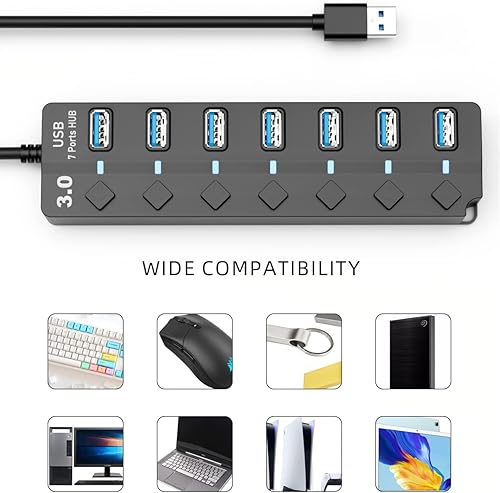 Miniatura 7 de PANPEO Hub USB 3.0, divisor de concentrador de datos USB de 7 puertos con cable de 3 pies de largo extensión USB para laptop, computadora de PC,