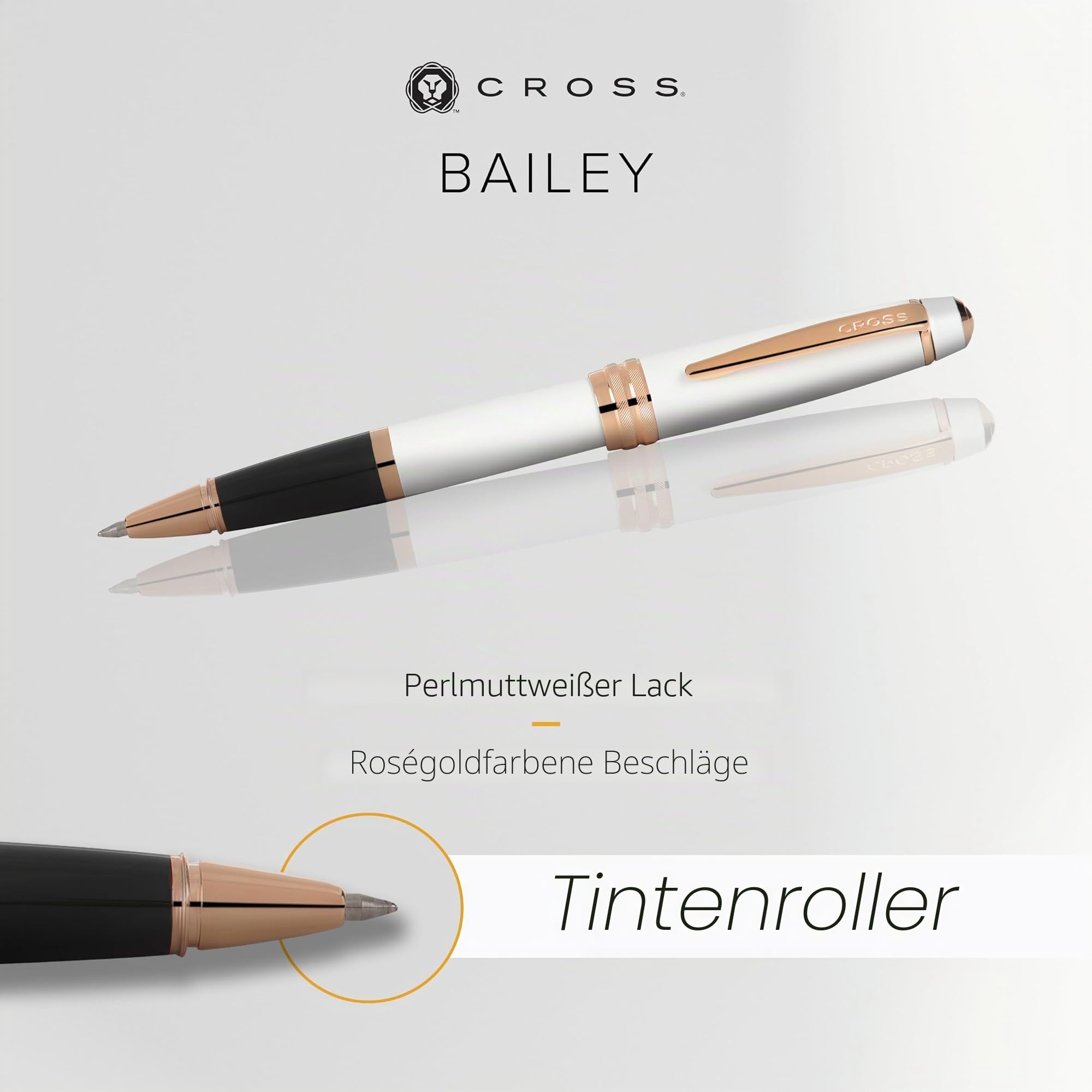 Cross Bailey Rollerball Pen (Schreibfarbe schwarz, Strichstärke M, inkl. Premium Geschenkbox) Perlmuttweiß lackiert, Beschläge Roségold
