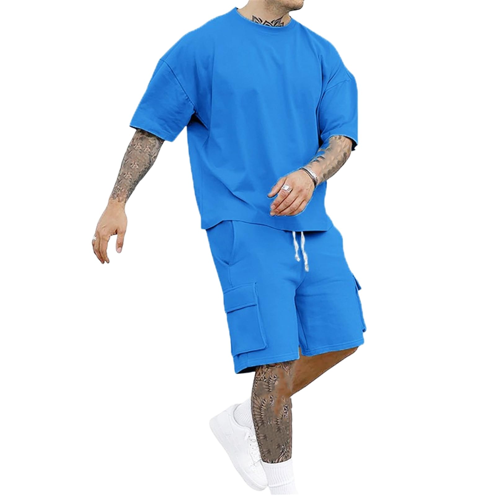 Men's Summer Thin Loose Casual Athletic American T-Shirt Short Sleeve Shorts 2 Piece Outfit