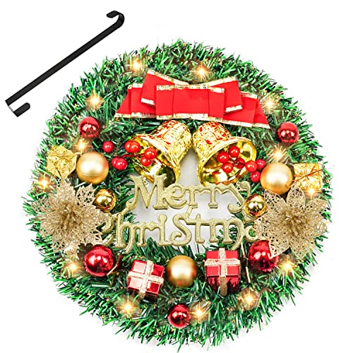 Christmas Wreath for Front Door with Lights, 16 Inch Artificial Xmas Wreath with Metal Hanger, 40 Battery Operated LED Lights, Pine Cones, Red Berries, Bows and Snowflakes for Festive (A-Green)