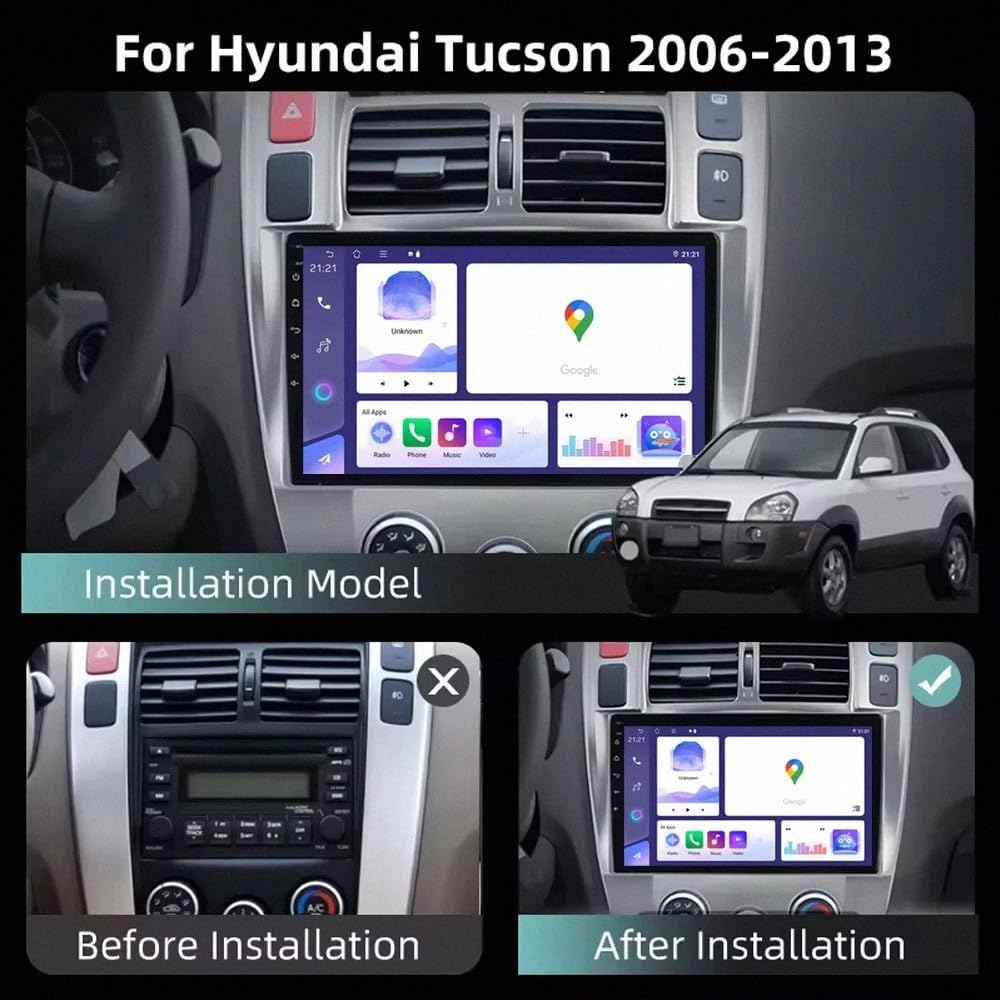 Wyświetlacz Carplay dla Hyundai Tucson para 2004-2013 Z Bluetooth, Fm, Aux, Nawigacją Mapową Oraz Asystentem Głosowym Siri; Obsługa Aux/Airplay/Fm, 4 Rdzeń 2G+32G