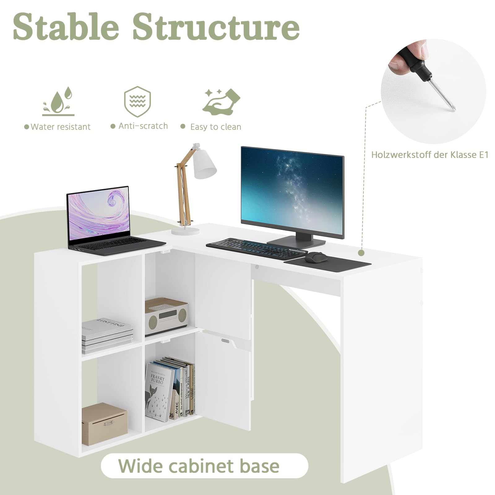 eSituro Bureau, computertafel met plank, links of rechts monteerbaar, 120 x 63 cm, hoekbureau met opbergruimte, bureautafel, pc-tafel, wit, voor werkkamer, woonkamer, slaapkamer, kantoor eSituro Bureau, computertafel met plank, links of rechts monteerbaar, 120 x 63 cm, hoekbureau met opbergruimte, bureautafel, pc-tafel, wit, voor werkkamer, woonkamer, slaapkamer, kantoor