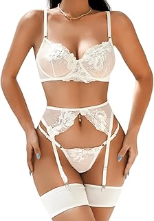 Floral Embroidered, Underwire, G-String, Garter Belt, 4 Pieces Lingerie