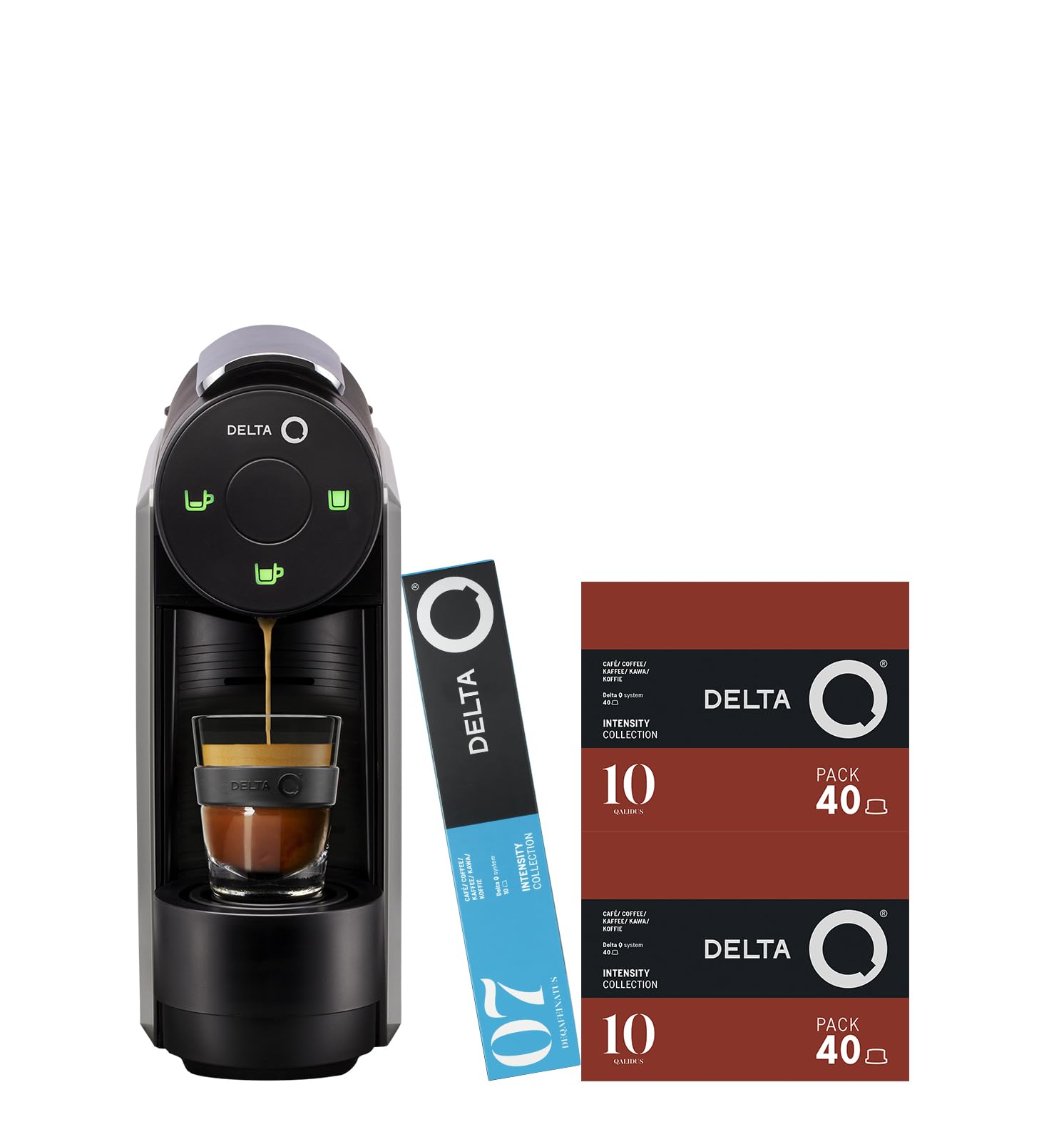 Delta Q - Cafetera de Cápsulas MiniQool - Color Gris - 19 Bares de Presión - Capacidad 0,6 L - Incluye 80 Cápsulas Intensidad 10 y 10 Cápsulas Descafeinado