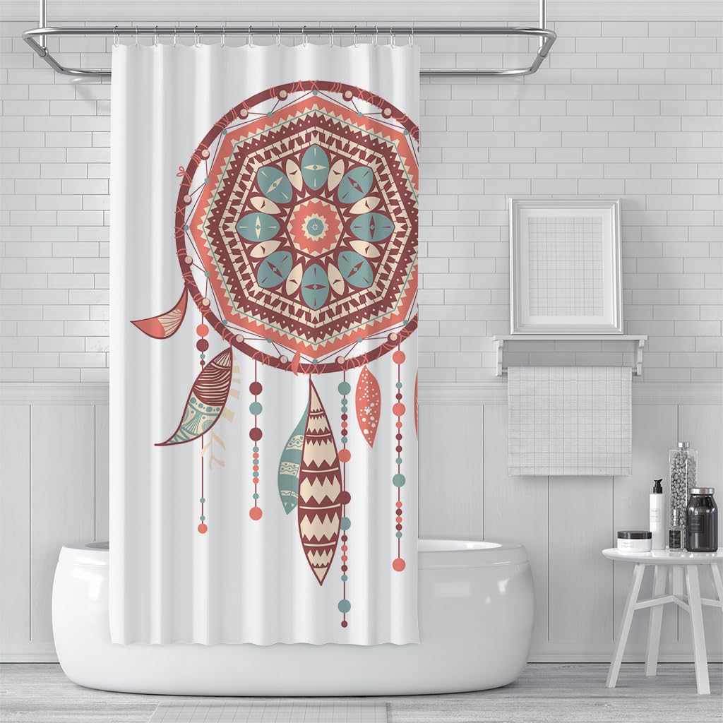 Cortina de Ducha 240 x 200 cm Dreamcurtain Retro Roja con Estampado Bohemio de Plumas Sobre Fondo Blanco para Bañera de Niños, Niñas y Adolescentes. Tejido de Poliéster Impermeable para decoraci
