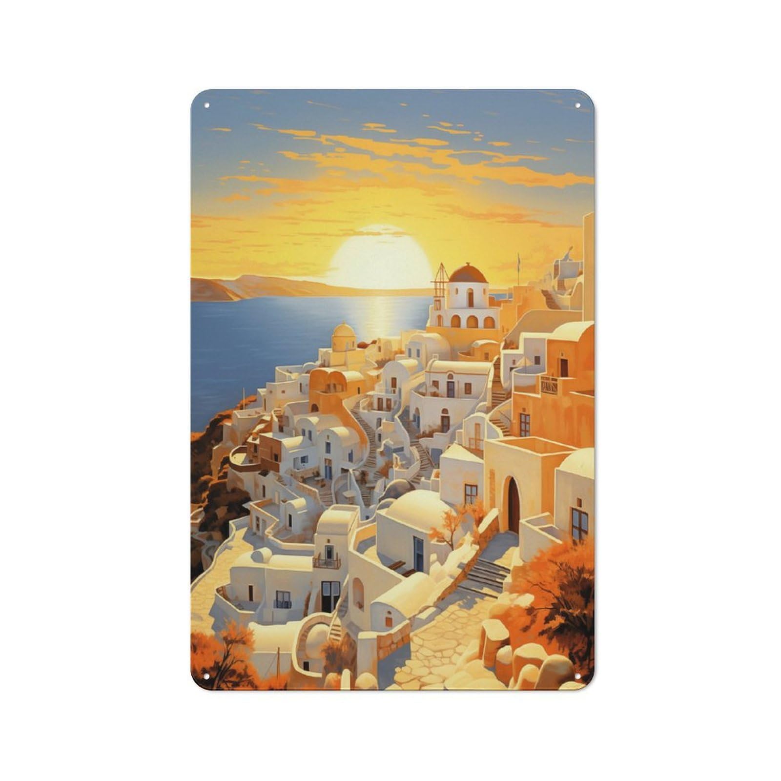 Junmoney Style-2 Santorini Village At Sunset Retro Tin Wall Plaque 30X20cm For Hobby Room Or Studio, New Home Wall Decor For Hobby Room Decor Fans