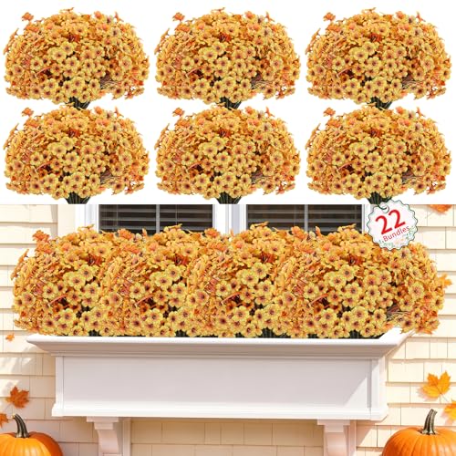 Image of 22 Pack Artificial Fall Flowers Mums for Outdoor Indoor(Fall Yellow)