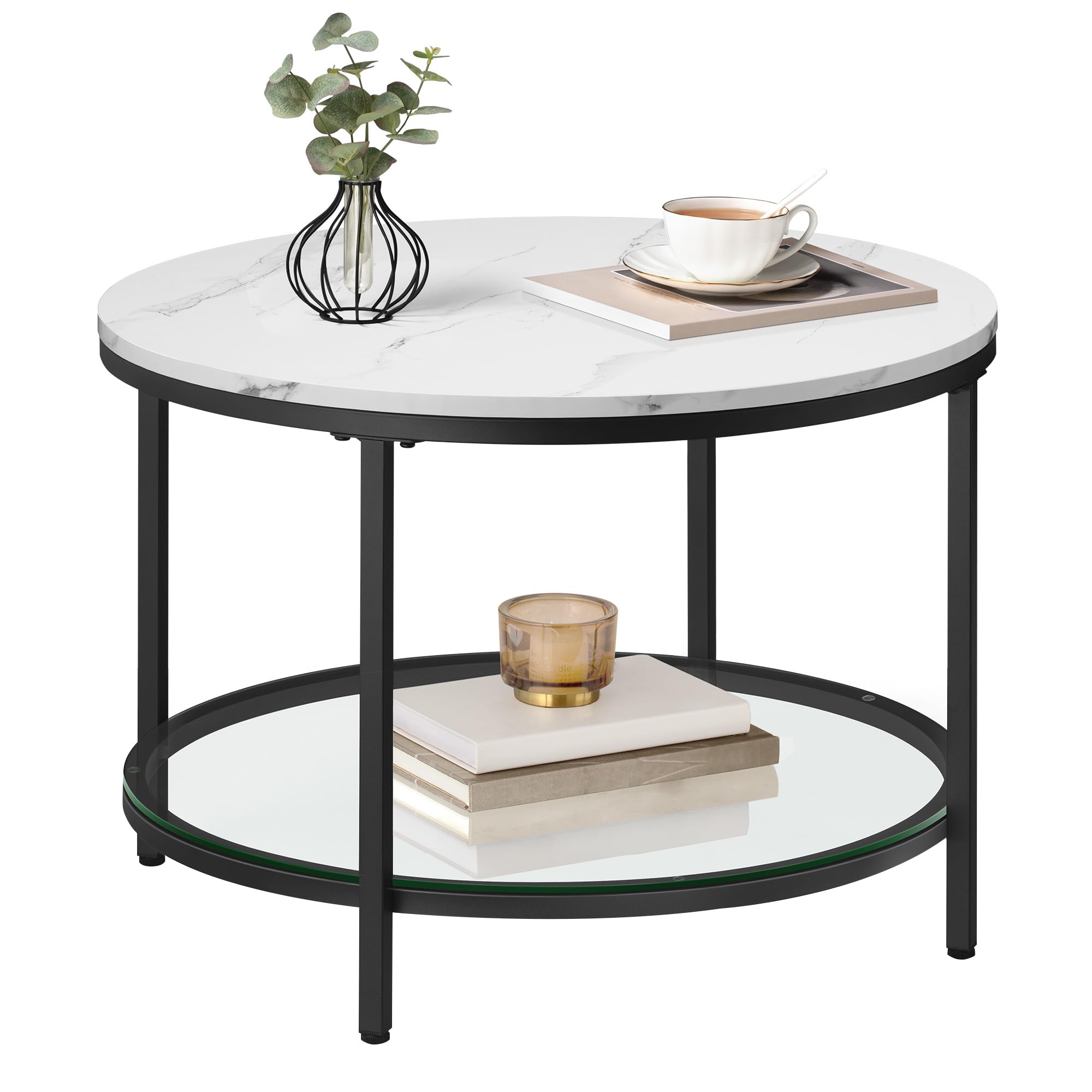 VASAGLE Round Coffee Table, Coffee Table, Marble Effect Table, Tempered Glass Shelf, Easy Assembly, Modern, Living Room, White Marble and Ink Black, LCT072W13