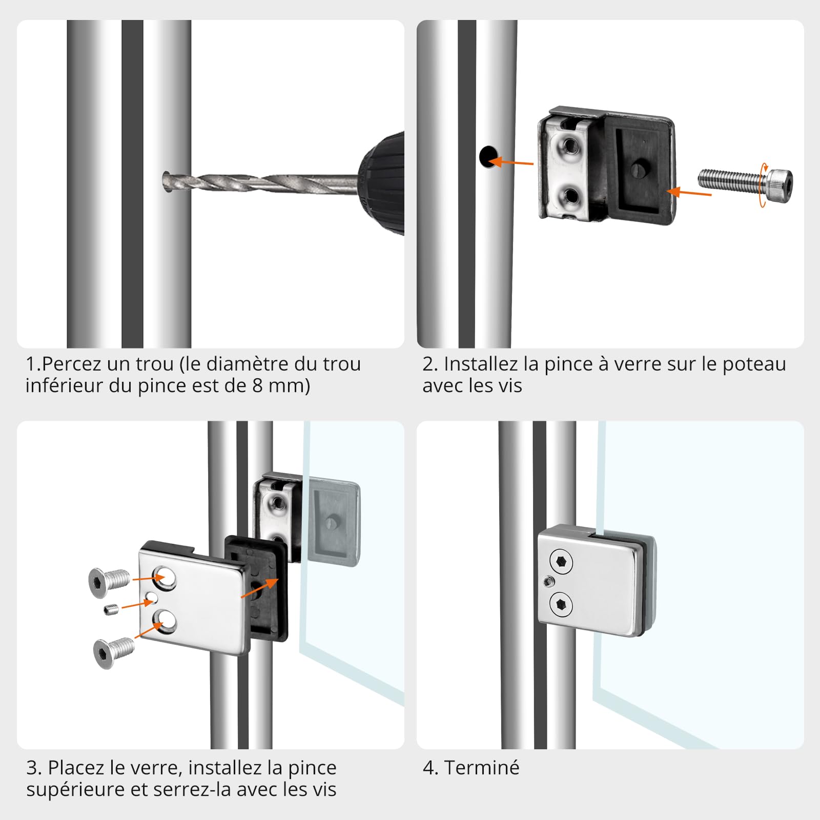 Proster 16 PCS Pinces à Verre Taille M (8–9 mm) en Acier Inoxydable 304 – Dos Plat, Finition Brossée, Fixation Antirouille avec Vis de Serrage pour Balustrade, Garde-Corps, Escalier et Main Courante