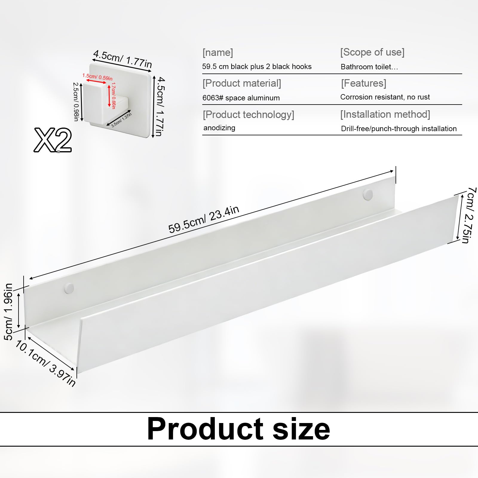 59,5 cm Estanteria Pared Baño, Blanco Organizador de Ducha, Estantería para Ducha en Aleación de Aluminio, Soporte Champu Duchas con 2 Ganchos, para Baño, Cocina, Balcón y Otras áreas