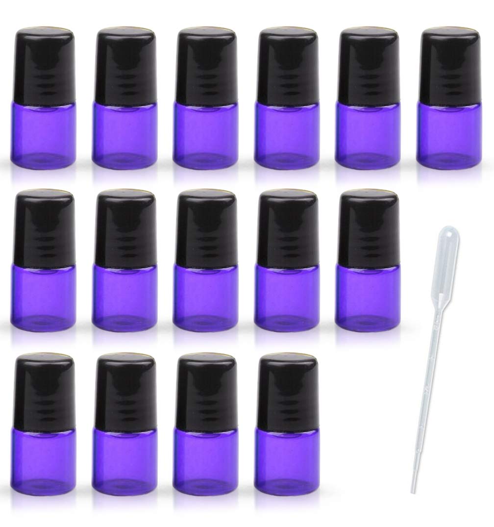 Ätherisches Öl Roller Flaschen 1 ml 1/4 Dram 2 ml 5/8 Dram (kobaltblau, braun, lila, 24 Stück) - Edelstahl-Roller, Öffner Pipette enthalten - Glas-Roller Flaschen für ätherische Öle