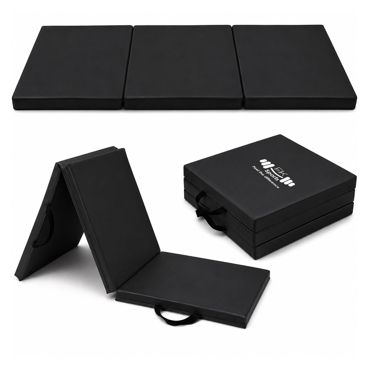 FK Sports Gymnastic Mat 6ft Long Tri Folding PU Leather Exercise Yoga Mat 5cm Extra Thick Soft Foam High Density Non-Slip for Pilates, Easy Carry Handle For Gym Tumble Mat Workout Equipment