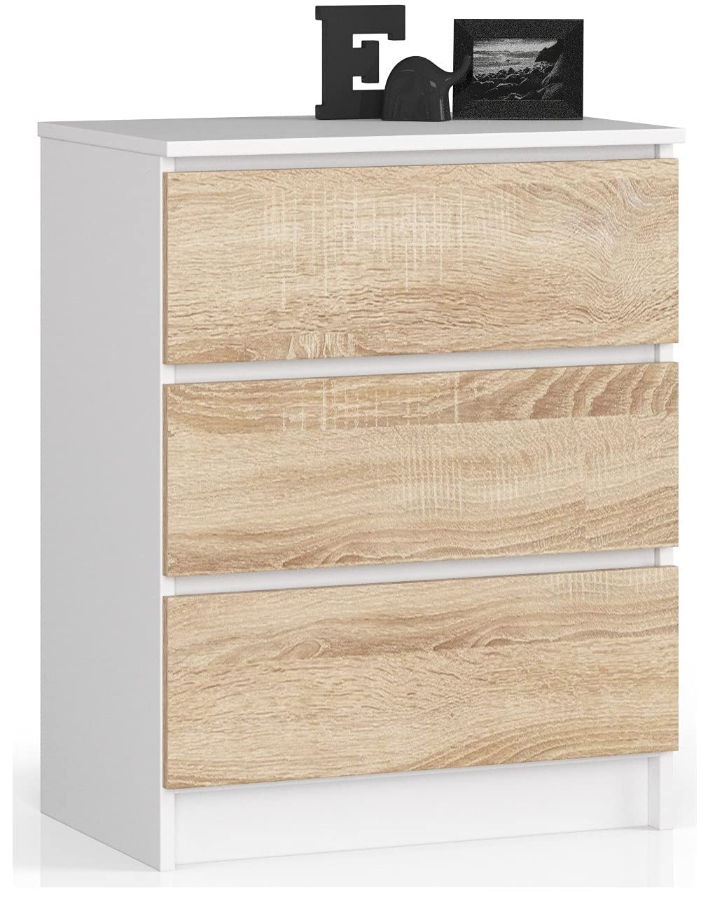AKORD Commode K60 avec 3 tiroirs | Commode Classique pour La Chambre, Salon | Meuble de Rangement | L60 x H77 x P40 cm | Poids 25 kg | Blanc/​Chêne Sonoma