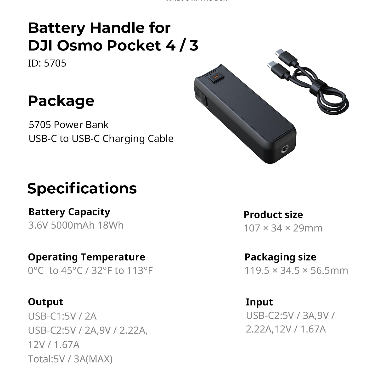 SMALLRIG Impugnatura Porta Batteria per DJI Osmo Pocket 4/3, Power Grip da 5000 mAh con Ricarica Rapida da 20W, Connessione Audio per Microfono Wireless, Filettatura da 1/4" per Treppiede, 5705