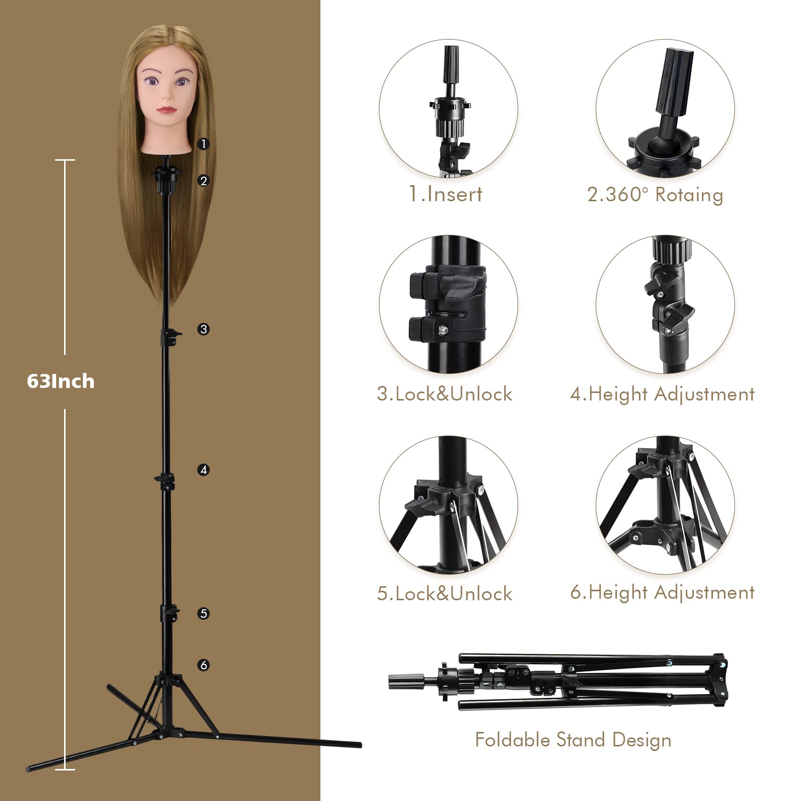Neverland Beauty & Health głowa do ćwiczenia fryzur 66-71 cm z podstawką trójnożną, 60% prawdziwych włosów, do warkoczenia, manekin kosmetologiczny z podstawą do głowy manekina, głowa lalki do