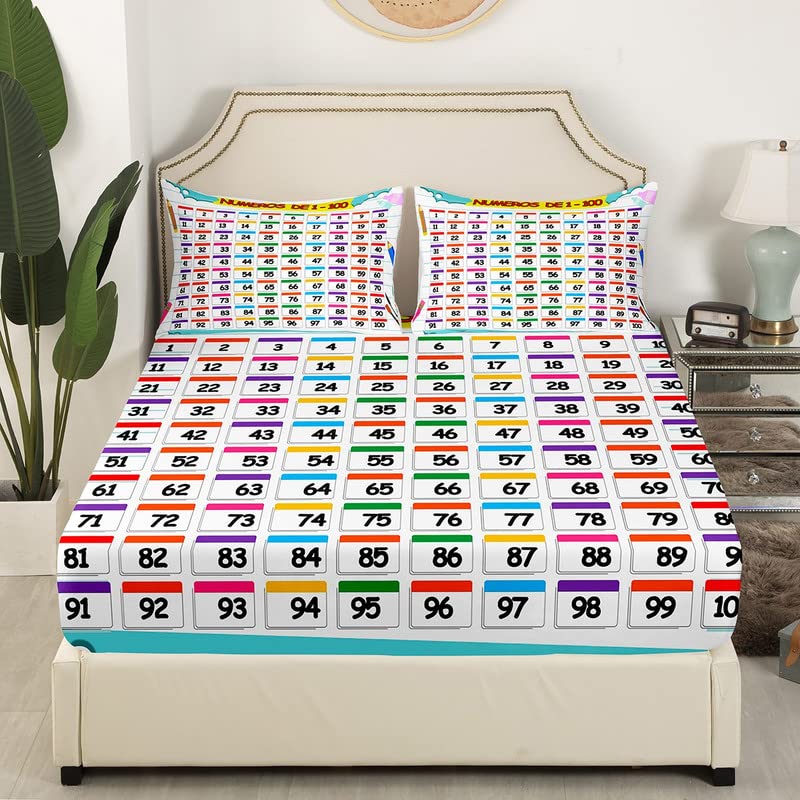jejeloiu Number Sheet Set Number Table Sheets with Deep Pocket Fitted Sheet for Kids Teens Enlightenment Education Bed Sheets Set Colorful Bedding Set Room Decor Bedroom Full Size