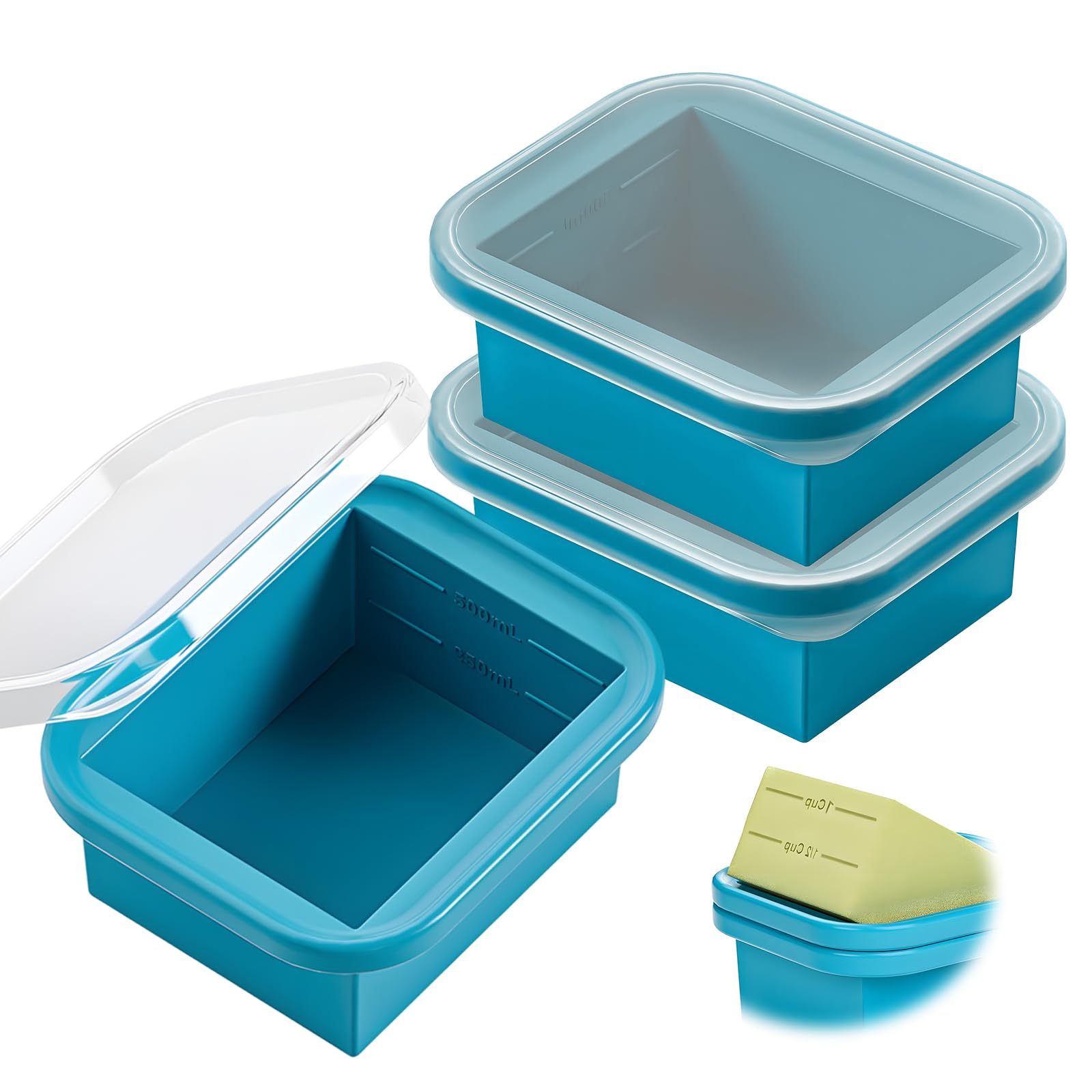 HEUIOP 3 Pack Silicone Soup Freezer Moulds with Lid, 1-Cup 500ml Soup Freezer Containers, Silicone Freezer Tray for Storing and Freezing Food, Broth, Sauce, Ice (Blue)