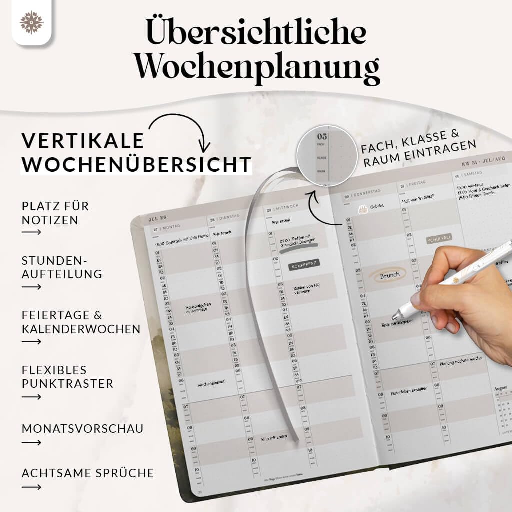 Lebenskompass® Lehrerkalender 2026/2027 DIN A5+ ”Pine” – Schuljahresplaner Hardcover mit Wochen & Monatsübersichten, Klassen & Notenlisten, Stundenplänen für Lehrerinnen und Lehrer