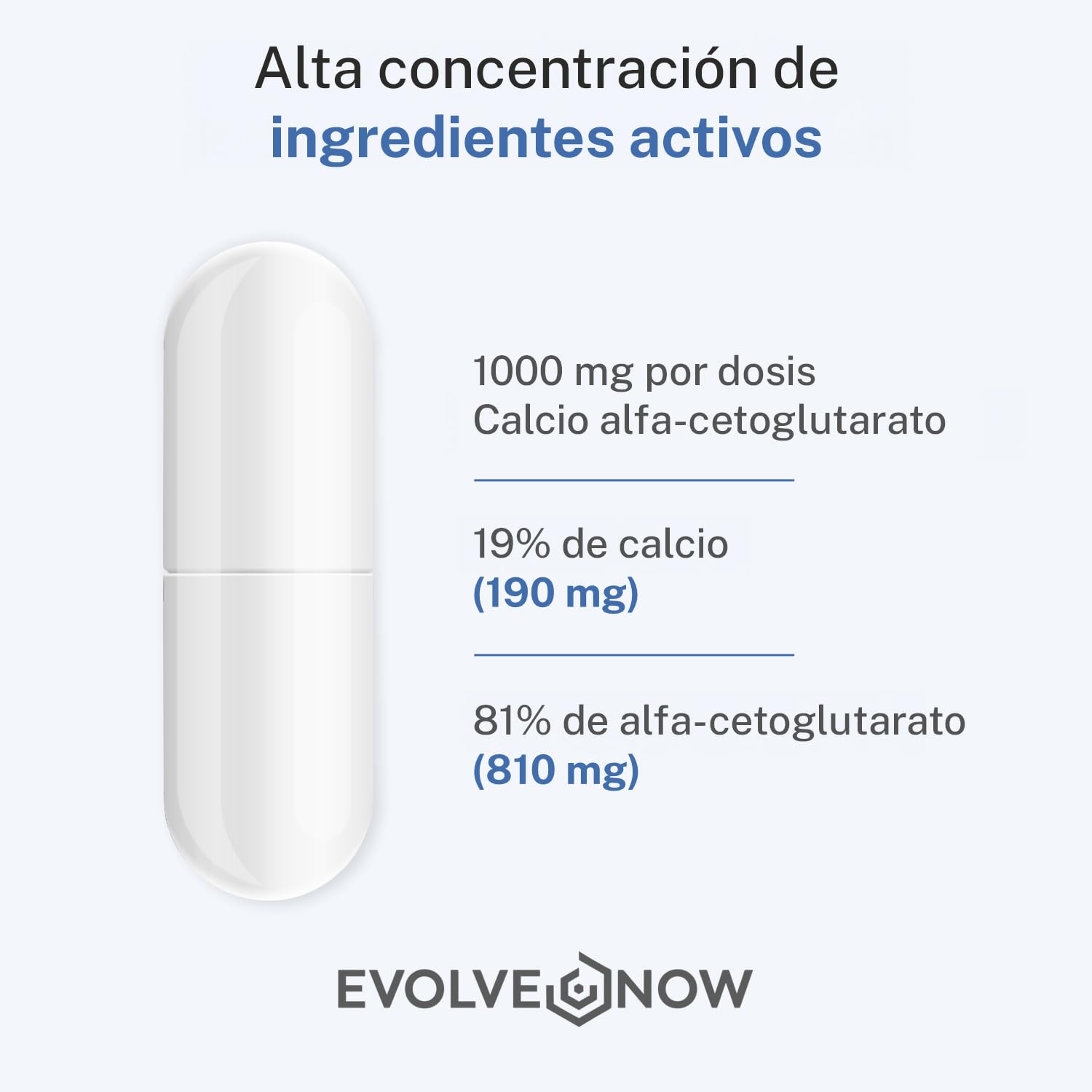 Evolve Now CaAKG – Alfacetoglutarato de calcio – 120 cápsulas veganas – Alta dosis – 1000 mg dosis diaria – Probado en laboratorio y libre de aditivos