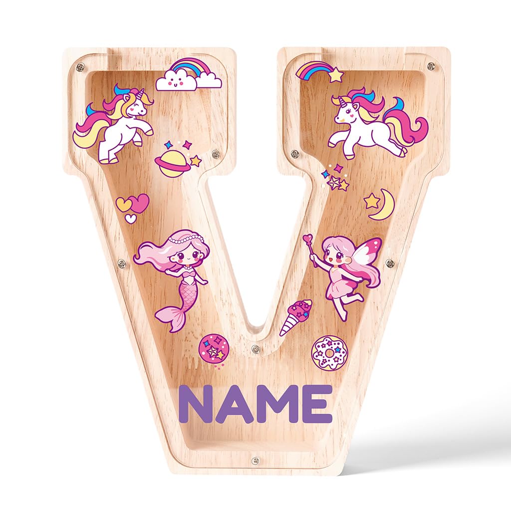 Personalized Wooden Letter Piggy Bank for Kids | Custom Name Alphabet Coin Bank A–Z | Money Saving Box for Boys and Girls | Birthday Gift for Children (V)