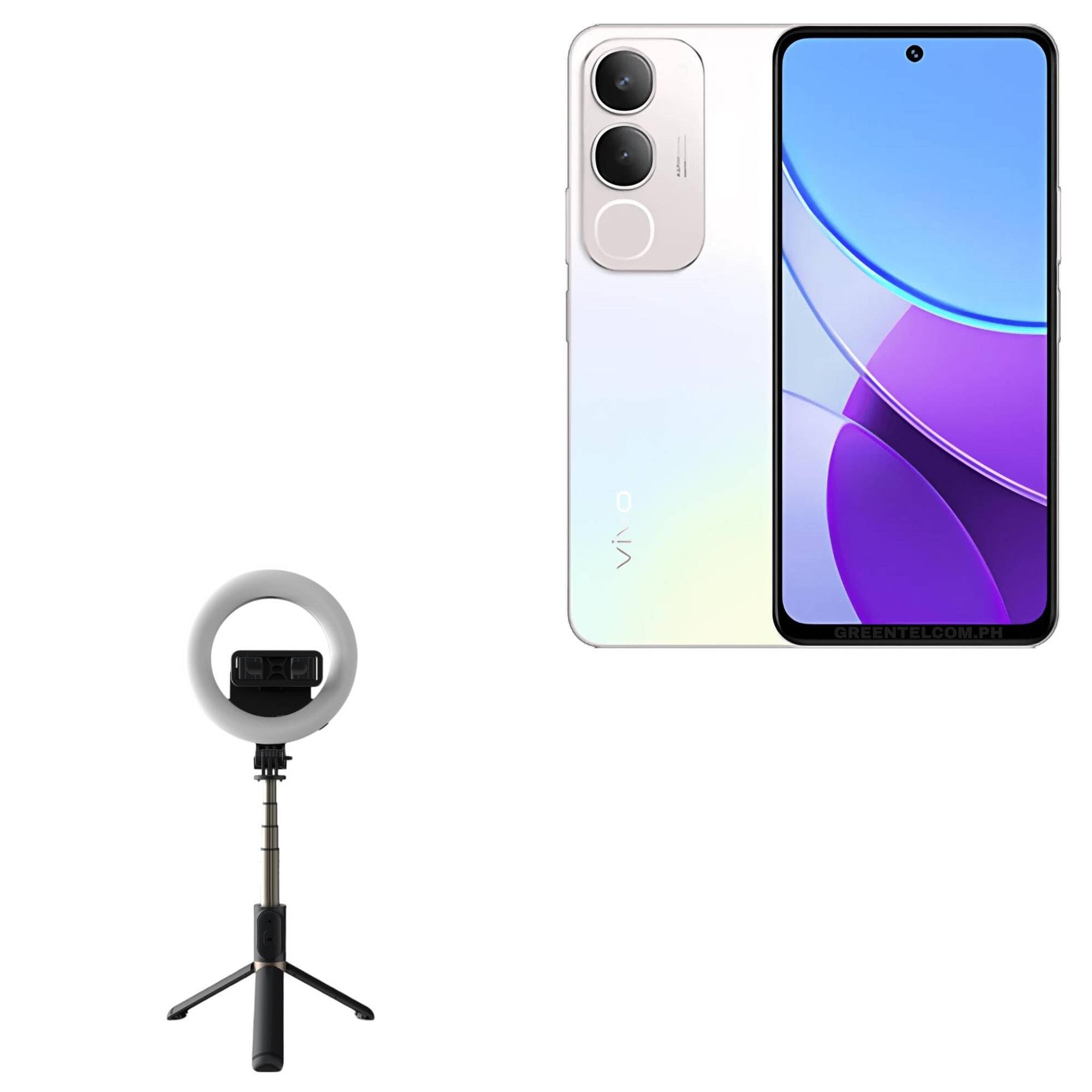 BoxWave Stand and Mount Compatible with vivo Y19s - RingLight SelfiePod, Selfie Stick Extendable Arm with Ring Light - Jet Black