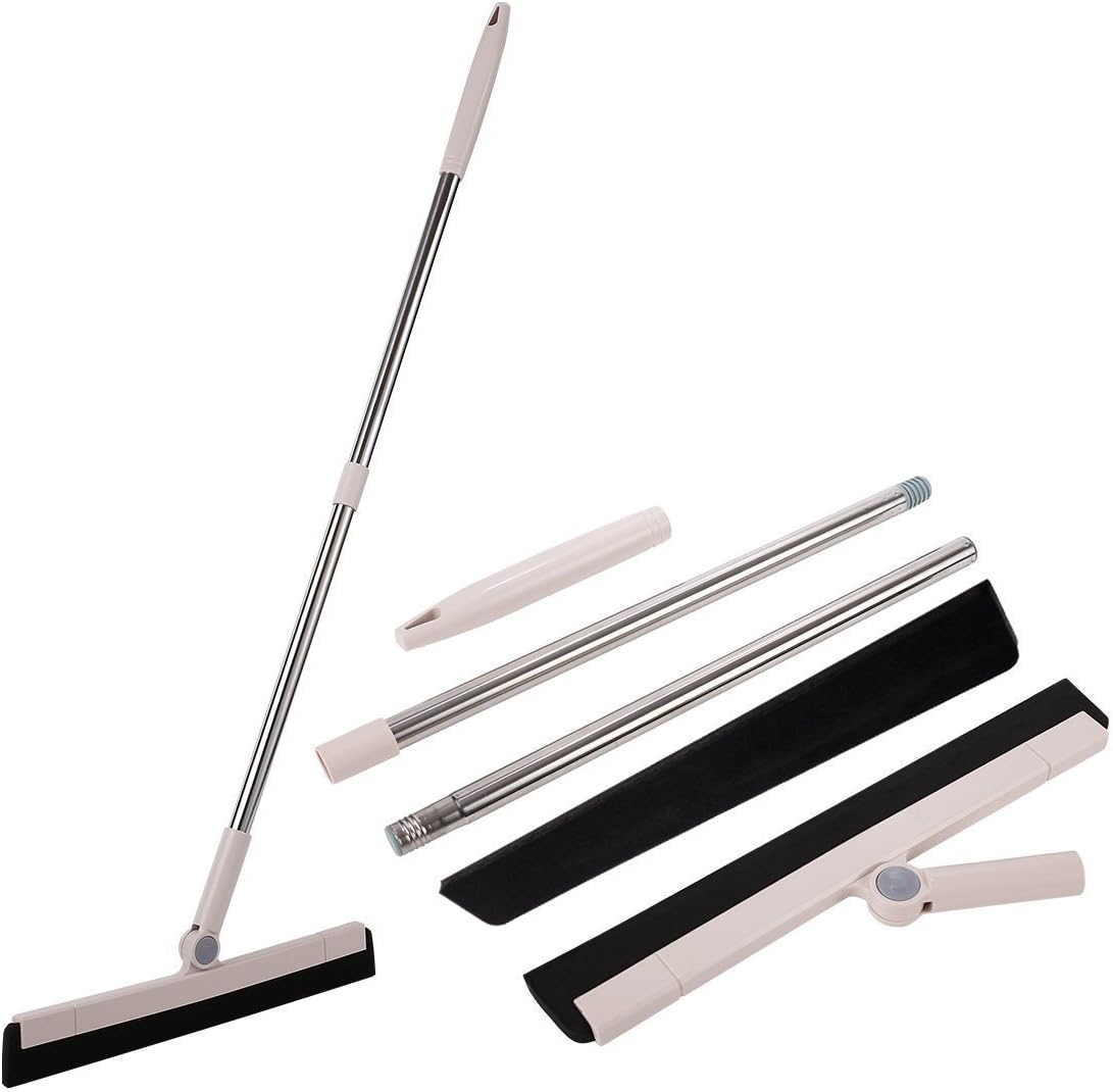 chaoqunuk Floor Squeegee with Stainless Steel Handle, Window Squeegee Cleaner Blade Water Wiper Glass Sweep Brush for Bathroom Wet Room Floor Pet Hair Window Cleaning (2 Pcs EVA Blade)