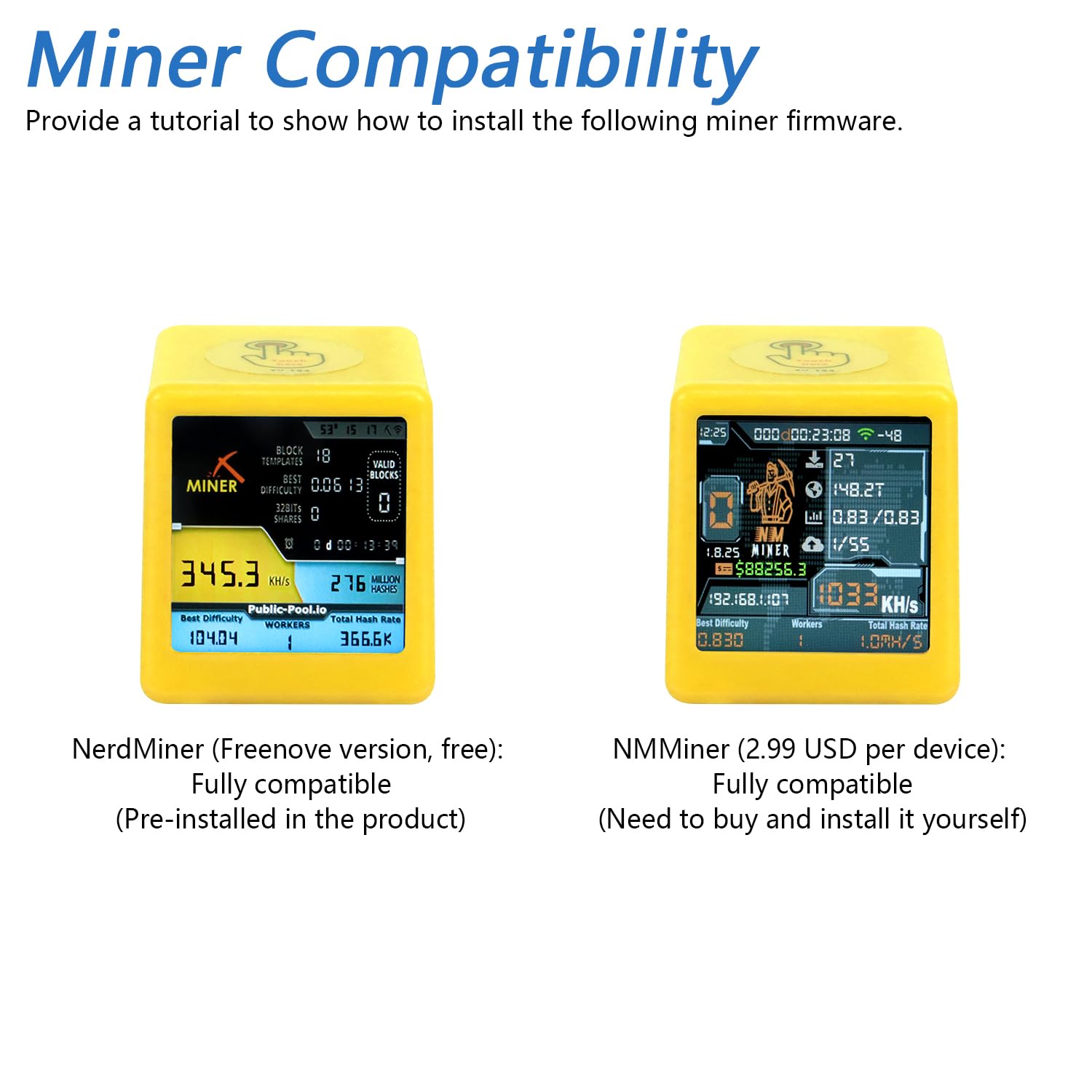 FREENOVE Bitcoin Miner Solo Lottery Miner Mini ESP32 TV, 1.54" Display 240x240 Pixel IPS Screen, Dual-core 32-bit 240 MHz Microcontroller WiFi+BT Touch Button Programmable, Code Tutorial - 2