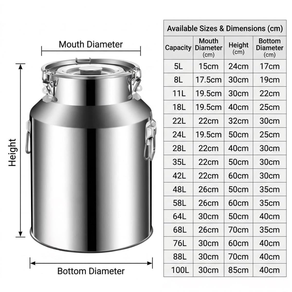 Jarra de Leche Acero Inoxidable, 5-88L Lechera Cubo Sellado