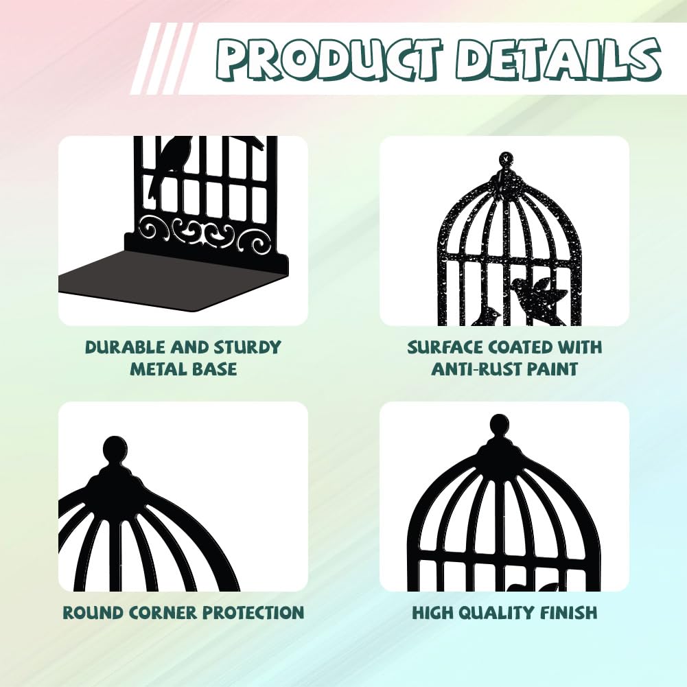 Peacoblue Metal Book Ends Stopper Holder Stand for Shelves Decorative 13.46x10.9x20cm Modern Creative Heavy Duty Study Bookends Stoppers Holder Stand for Desk Shelf 1 Pair (Birdcage and Bird) - Image 3