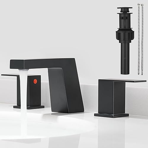 Hoimpro Grifo de lavabo de baño negro mate de 8 pulgadas, grifo de baño de dos manijas con mangueras de suministro cUPC, grifo de lavabo de 3