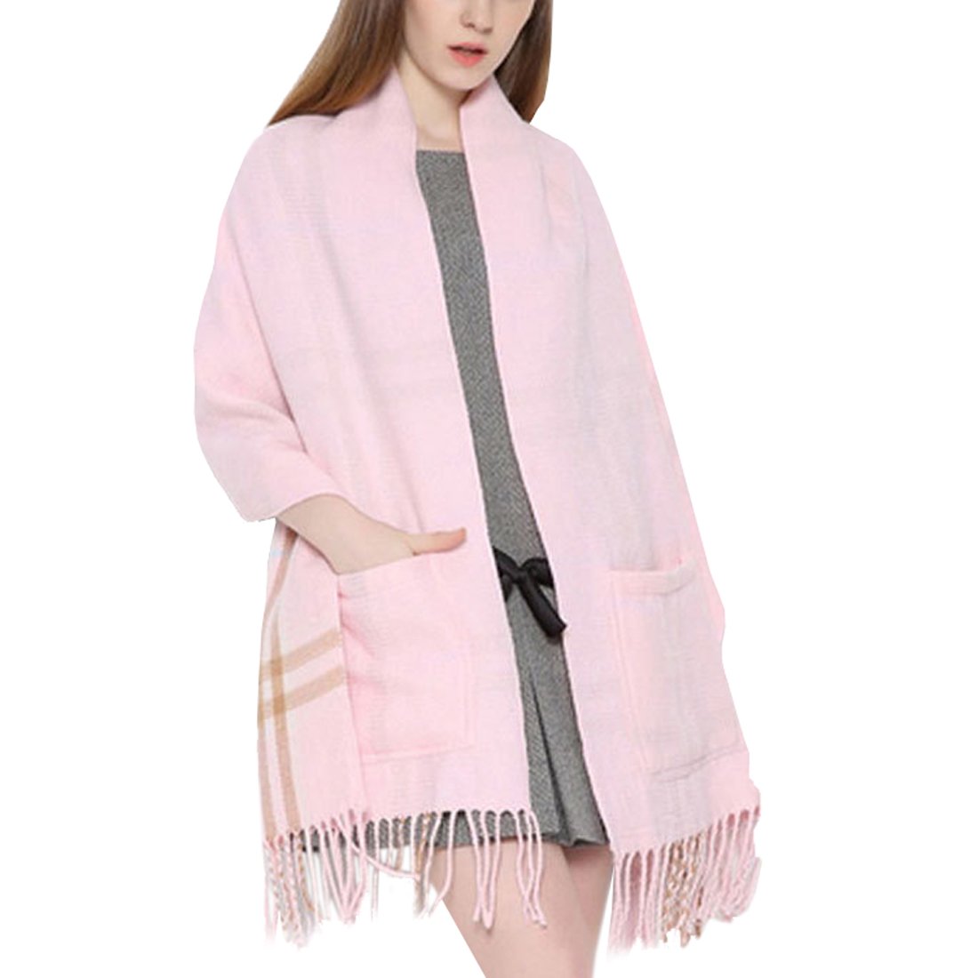 Women Tassel Plaid Blanket Scarves with Pocket Two-sided Wraps Shawls for Winter