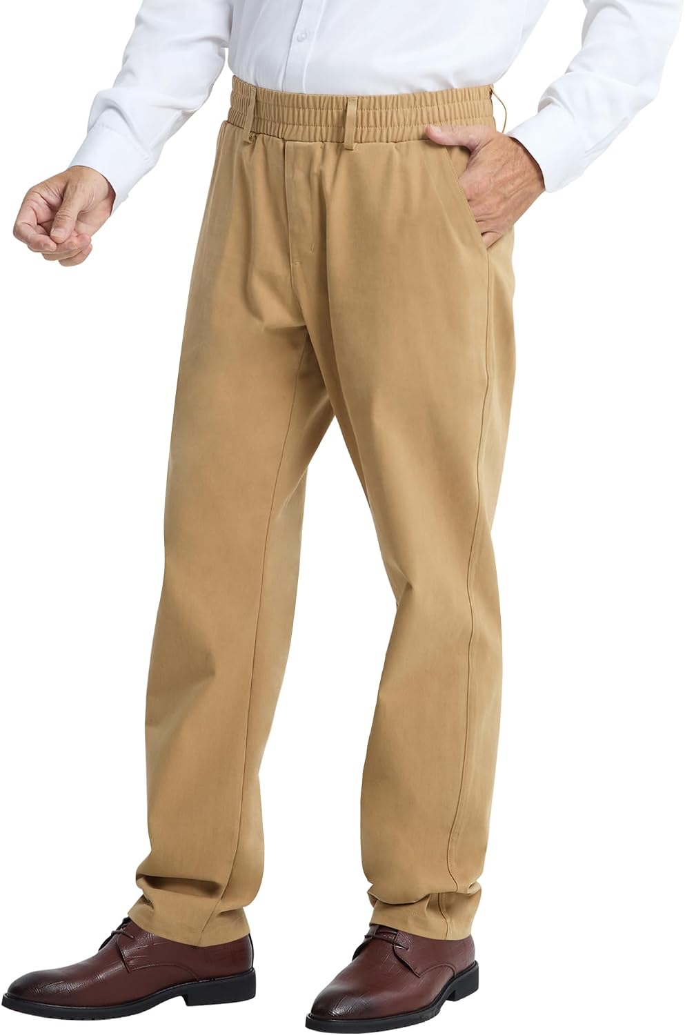 LETAOTAO Mens Elastic Waist Dress Pants - Cotton Twill Stretch Waist Pull On Slacks with Magnetic Button Fly for Seniors