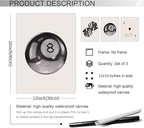Miniatura 2 de Jefuzh Póster de dados de póquer en blanco y negro de moda Y2k 8, juego de 3 cartas de juego retro de preppy, impresiones en lienzo para sala de