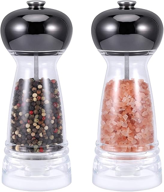 Vevouk Clear Acrylic Salt and Pepper Grinder Set with Black Colors, Transparent Spices Grinders Mill Munual Refillable Salt Mill Adjustable Coarseness Ceramic Grinder
