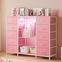 LUMTOK 2-in-1 10-Drawer Dresser with Hanging Rack, RGB LED Lights & Charging Station - Pink Bedroom Organizer
