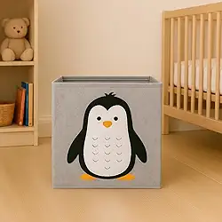 Cesto Organizador Infantil Dobrável Com Alças Resistente Ideal para Brinquedos Roupas Pelúcias Grande Capacidade Quarto Banheiro de Criança Caixa de Armazenamento em Tecido (PINGUIM)
