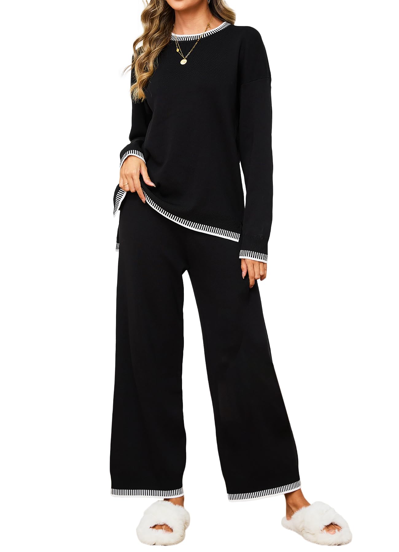 TZLDN Lounge Set for Women 2 Piece Loungwear Knit Long Sleeve Pullover Wide Leg Pants Home Casual Outfits