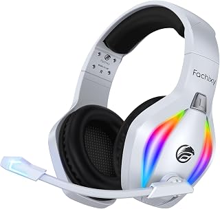 Fachixy Trådlöst spelheadset med mikrofon för PS5, PS4, PC, Mac, Switch | Premium Esports 50 mm drivrutin, surroundljud, 2,4 GHz radio, Bluetooth 5.4, LED och över 50 timmars batteritid
