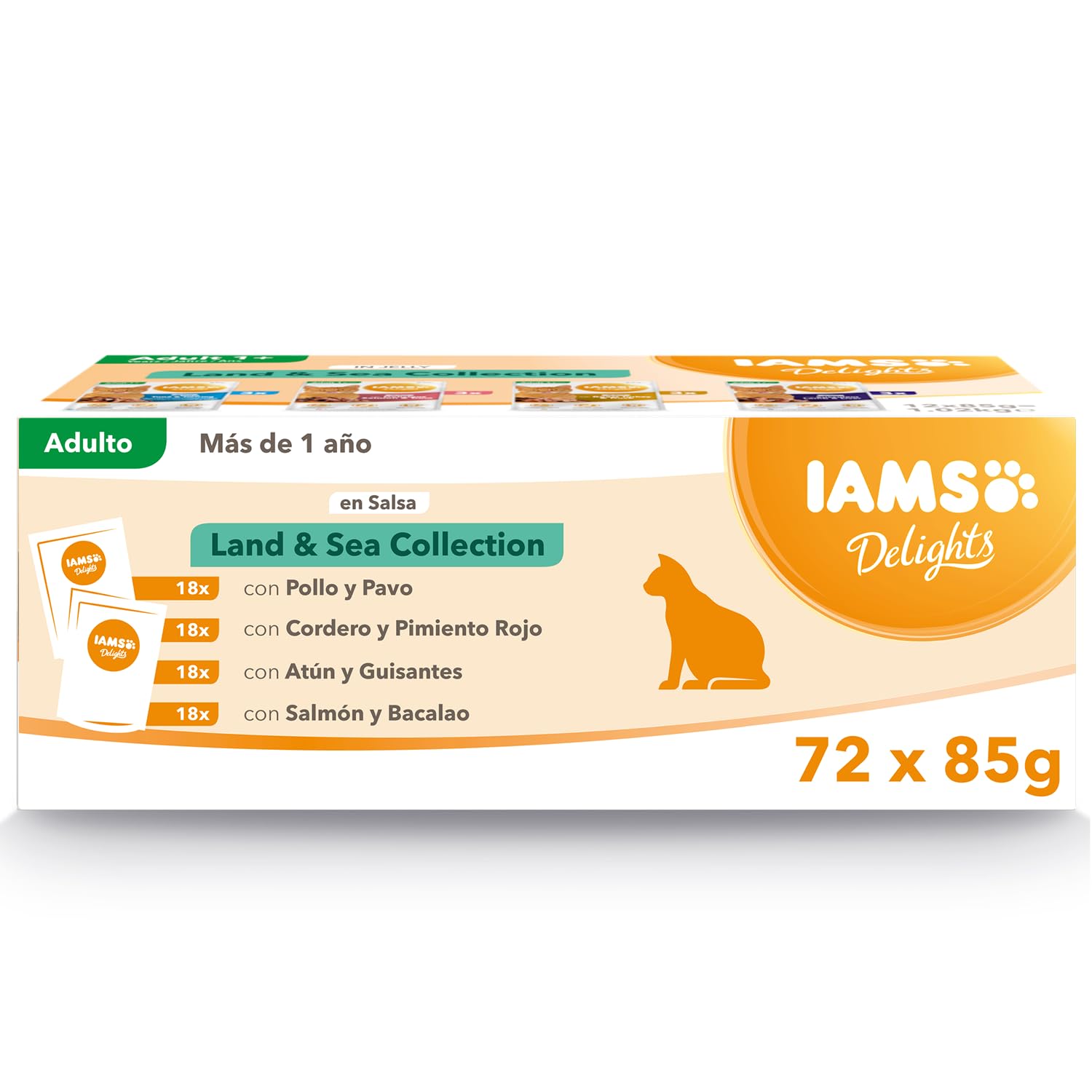 IAMS Delights Land & Sea Collection Adult Wet Cat Food with Various Meat and Fish Flavors, 72 x 85 g