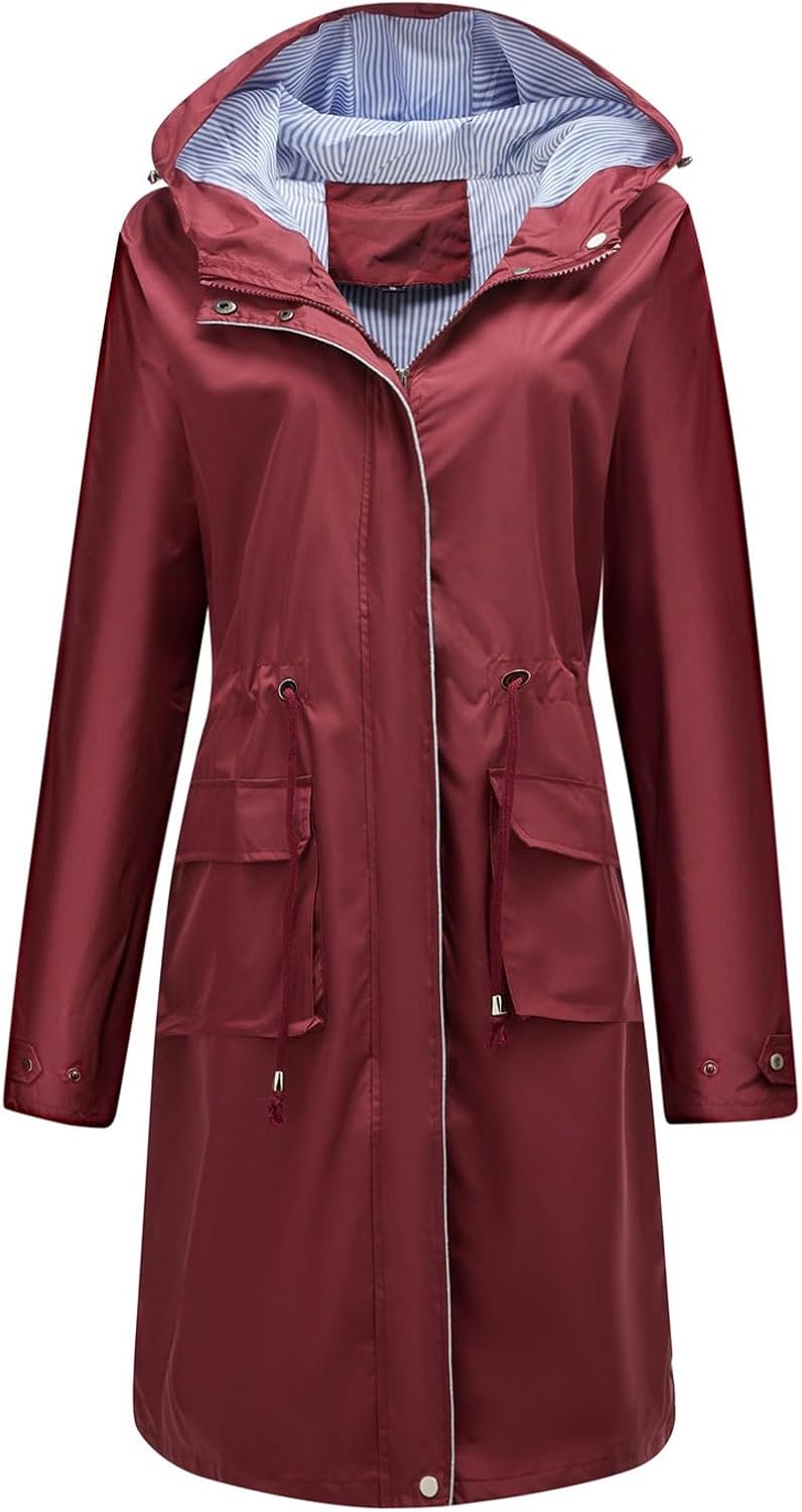 Women's Waterproof Rain Jacket Windbreaker Long Hooded Trench Coat Lightweight Striped Lining Outdoor Anorak
