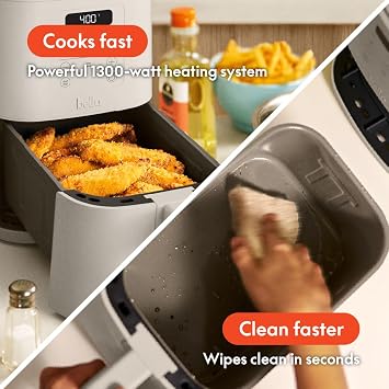 bella 4Qt Slim Air Fryer, Fits-anywhereTM Kitchenware, EverGoodTM Ceramic Nonstick Coating, Adjustable Temperature, 6 Preset Cooking Options, 60 Min Auto Shutoff w Audible Tone, 3.3lb Capacity, Oatmilk