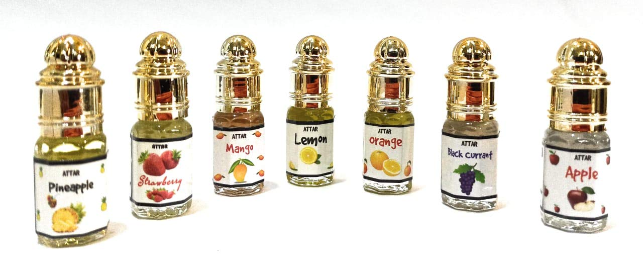 INDRA SUGANDH BHANDAR Attar Pineapple, Strawberry, Mango. Lemon, Orange, Black Current, Apple 3ml x 7 pc. Combo - Fruity Sweet and Exotic Perfume Range Attar Combo For Men|Women-image-22