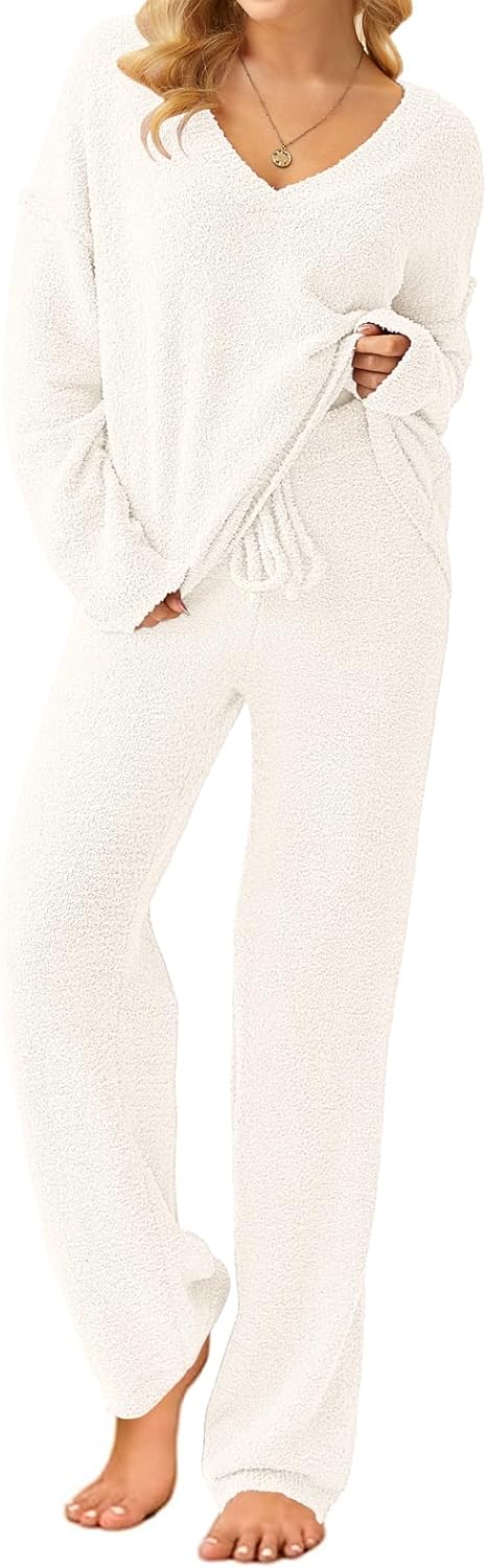 NORACORA Womens 2 Piece Fuzzy Fleece Lounge Sets Long Sleeve V Neck Pajama Set Fluffy Pjs Matching Loungewear - Image 2