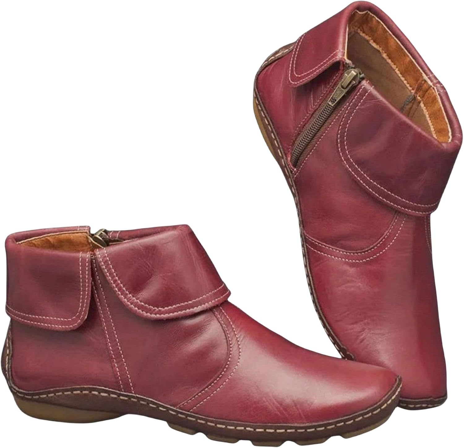 Ankle Boots for Women Side Zipper Vintage Leather Damping Shoes with Arch Support Retro Slip On Booties Fashion Waterproof Boots Comfy Work Office Shoes Indoor and Outdoor