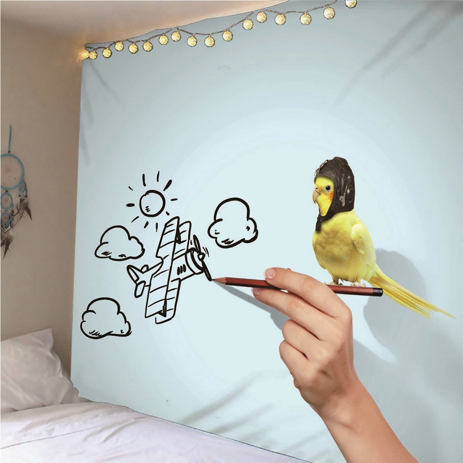Chenlane Wandteppiche Kinder Tapisserie Schlafzimmer Malerei Und Vögel Wandteppich Vorhänge Wand Teppiche Kuche Wandbehang Dekoration Weiß Gelb 300x250cm